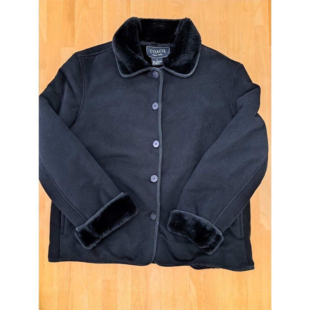 COACO New York Women's Black Faux Suede Button-up Coat with Faux Fur Lining Sz L